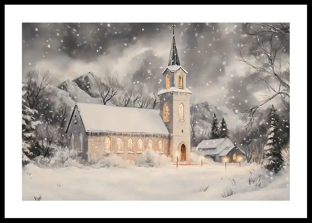 Peaceful Church In A Snowy Landscape Poster Kostenloser Rückversand