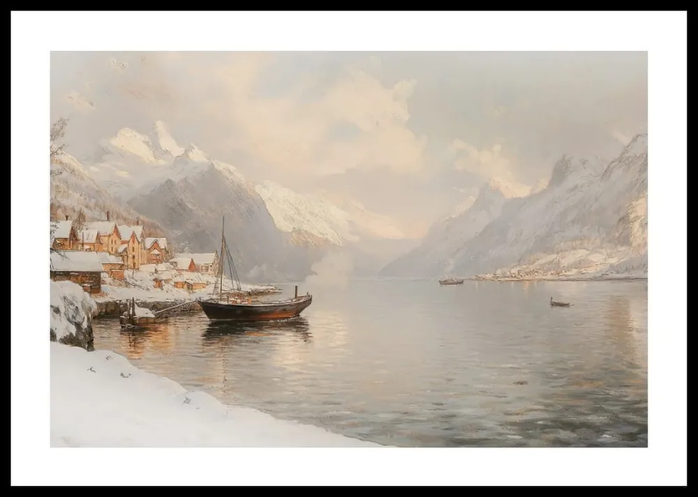 Super-Preis Boats Beneath Snowy Peaks Poster