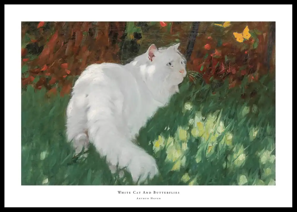 White Cat And Butterflies By Arthur Heyer Poster Zertifiziert