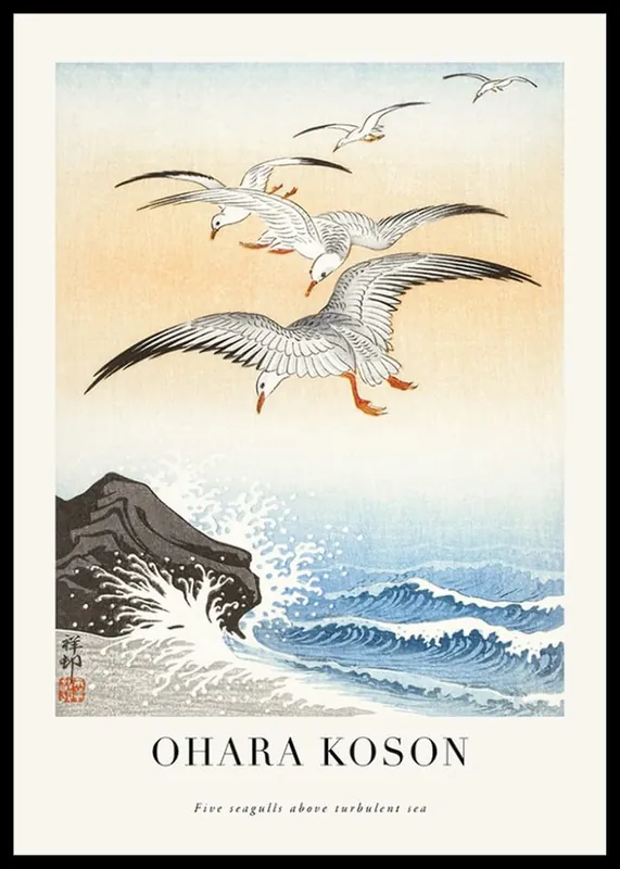 Five Seagulls Above Turbulent Sea By Ohara Koson Poster Zertifiziert