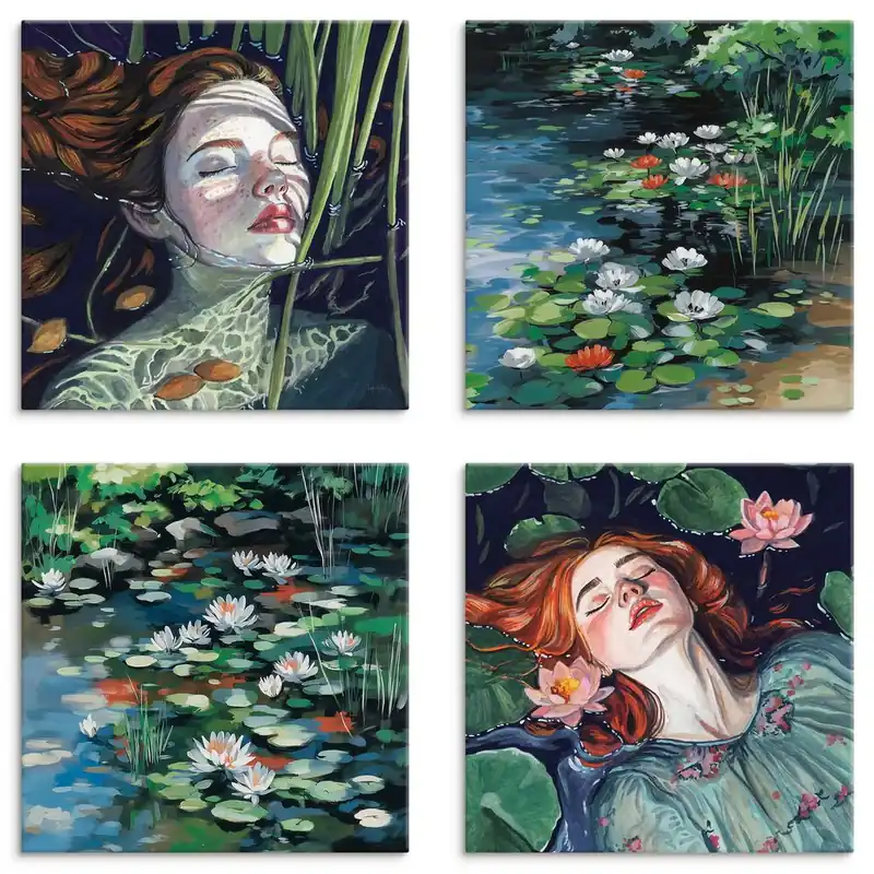 Ophelia Nymphaea Leinwandbilder auf Platte, Set 4tlg. je 30x30 cm Gratis Versand