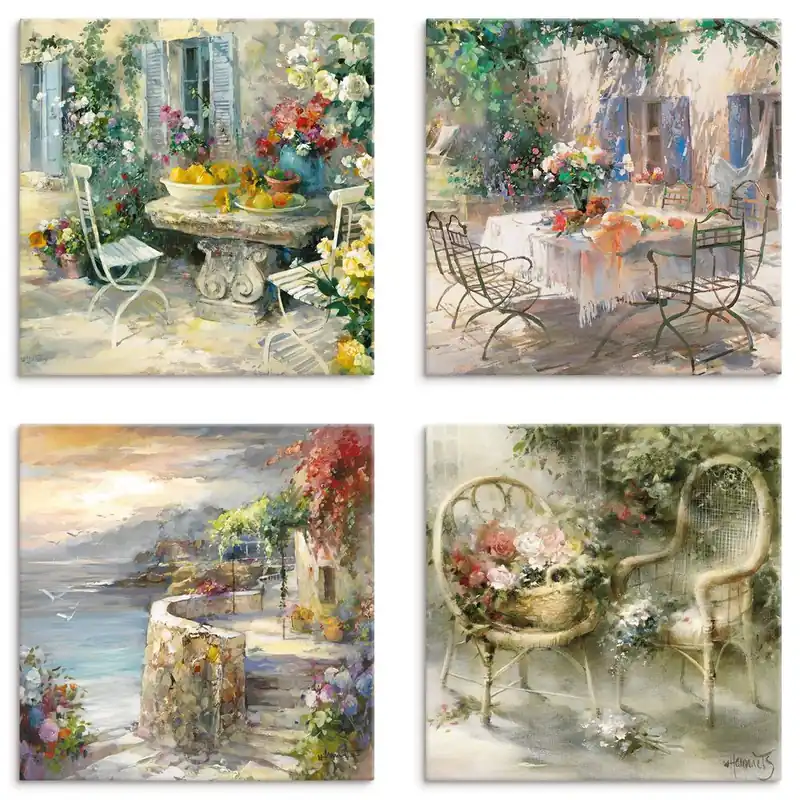 Billig Idyllische Sommer Garten Leinwandbilder auf Platte, Set 4tlg. je 30x30 cm