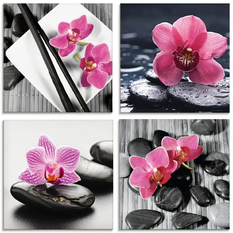 Asiatische Komposition Orchidee Zen Glasbilder, Set 4tlg. je 20x20 cm Schneller Versand
