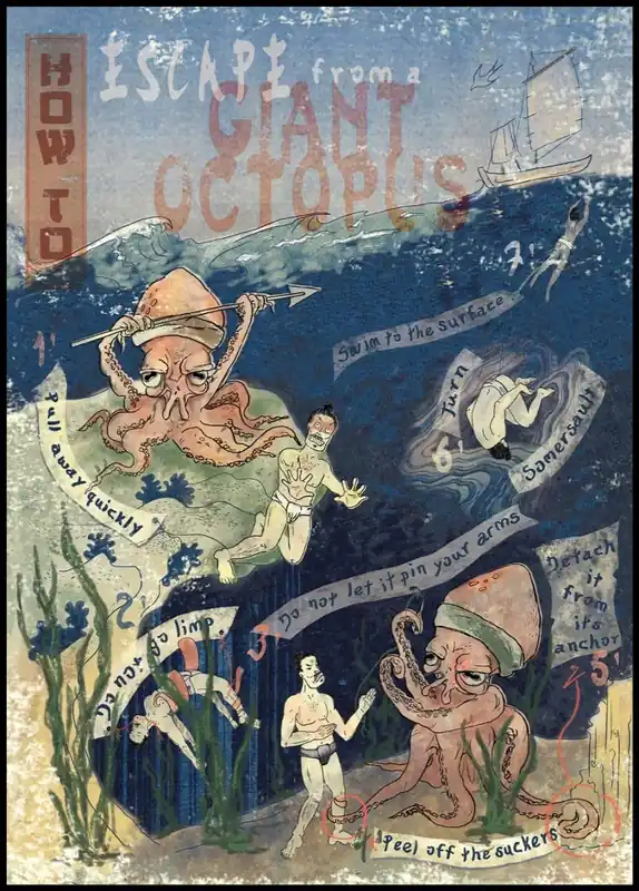 How to Escape a Giant Octopus Illustration Poster Sichere Zahlung