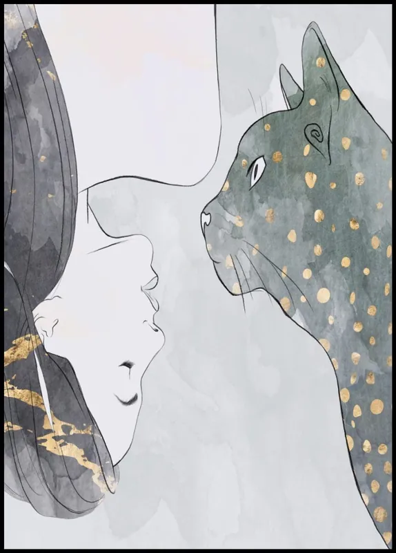Cat And Girl Illustration Poster Preisknaller