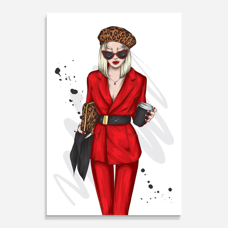 Kostenloser Versand Glasbild Red Suit Woman