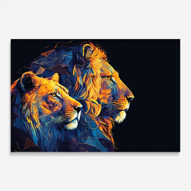 Aktuell Glasbild Orange Blue Lion