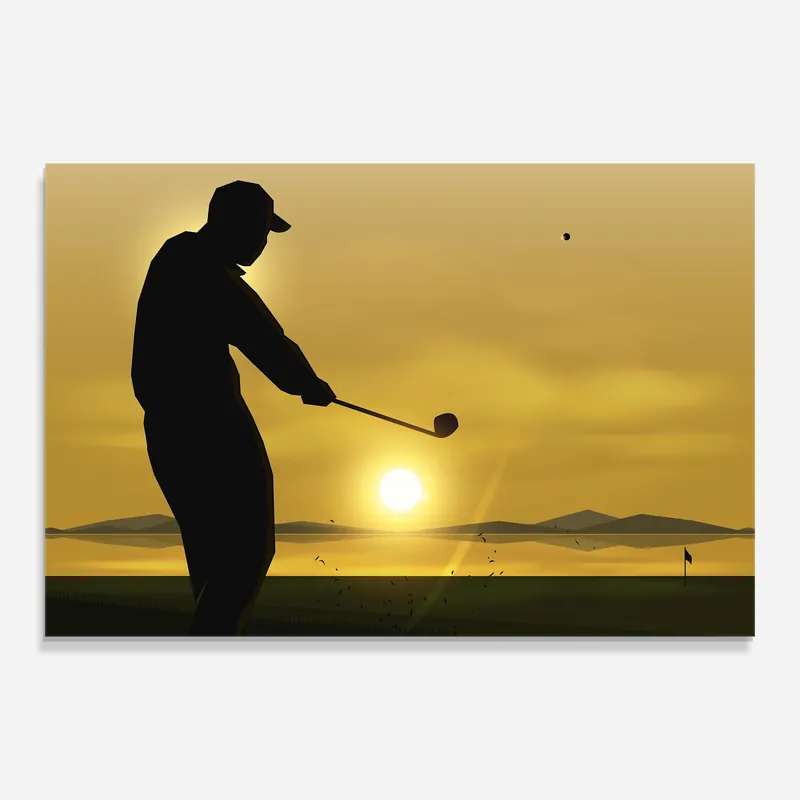 Ausverkauf Glasbild Sunset Playing Golf