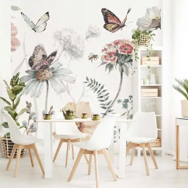 Heißes Angebot Aquarell Blumenwiese mit Schmetterlingen Fototapete • Vliestapete + Kleister • hergestellt in Deutschland