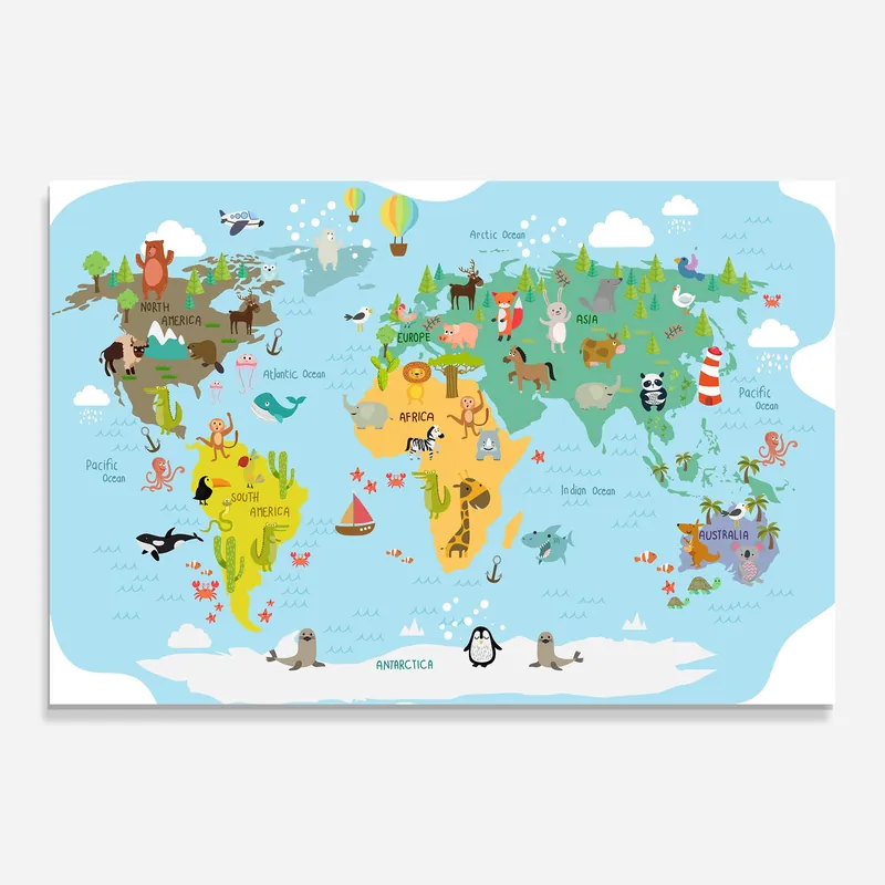 Glasbild World Map Animals Schneller Versand