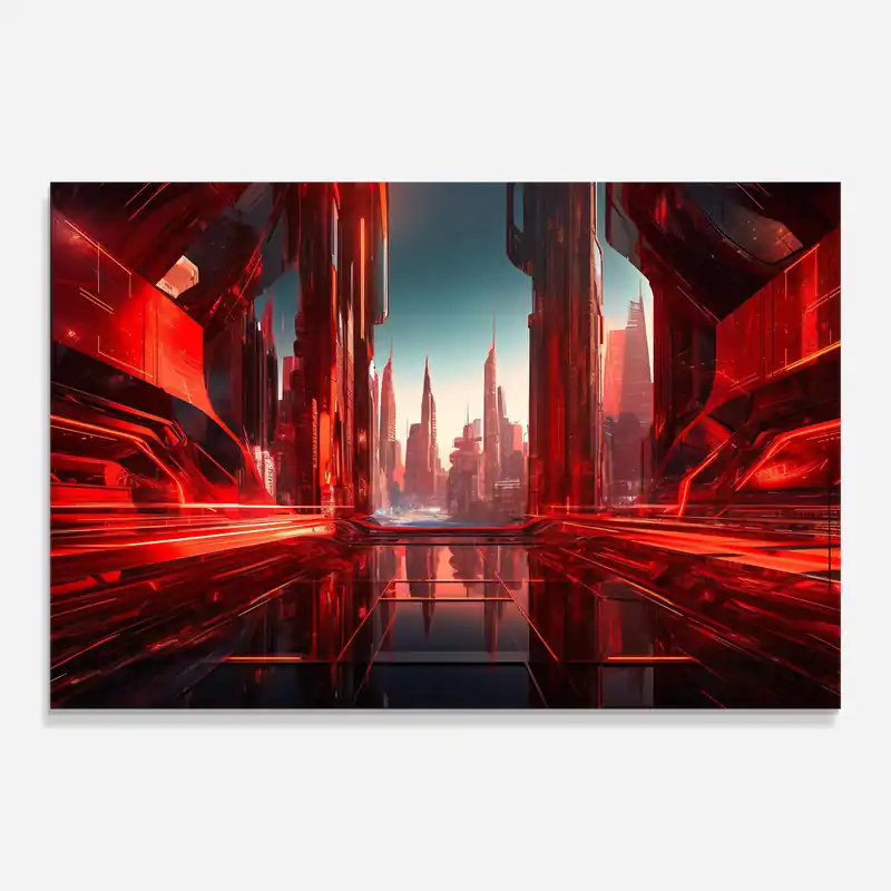 Preis Gesenkt Glasbild Red Future City Skyline