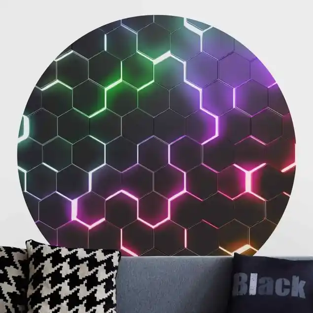 Strukturierte Hexagone mit Neonlicht Runde Fototapete Billig