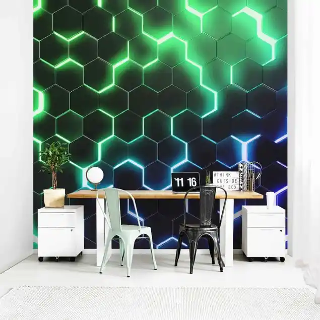 Sofort Bestellen Strukturierte Hexagone mit Neonlicht in Grün und Blau Fototapete • Vliestapete + Kleister • hergestellt in Deutschland