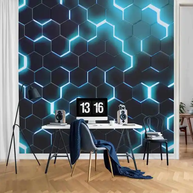 Kostenloser Versand Strukturierte Hexagone mit Neonlicht in Türkis Fototapete • Vliestapete + Kleister • hergestellt in Deutschland