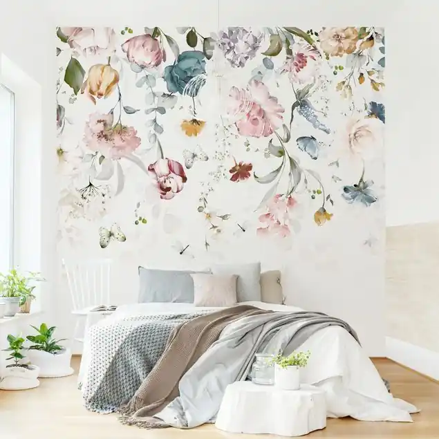 Rankende Blumen mit Schmetterlingen Aquarell Fototapete • Vliestapete + Kleister • hergestellt in Deutschland Begrenztes Angebot