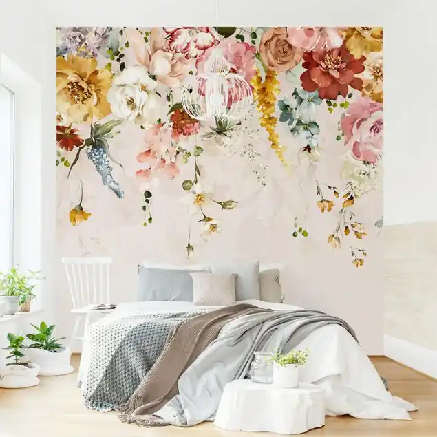 Echt Rankende Blumen Aquarell Vintage Fototapete • Vliestapete + Kleister • hergestellt in Deutschland