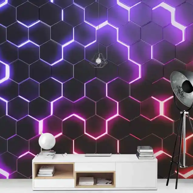 Geprüft Strukturierte Hexagone mit Neonlicht in Rosa und Lila Fototapete • Vliestapete + Kleister • hergestellt in Deutschland