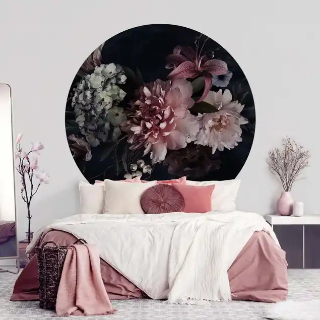 Top-Preis Blumen mit Nebel auf Schwarz Runde Fototapete