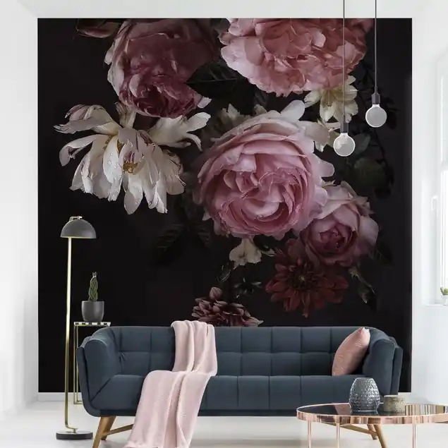 Preiswert Rosa Blumen auf Schwarz Vintage Fototapete • Vliestapete + Kleister • hergestellt in Deutschland