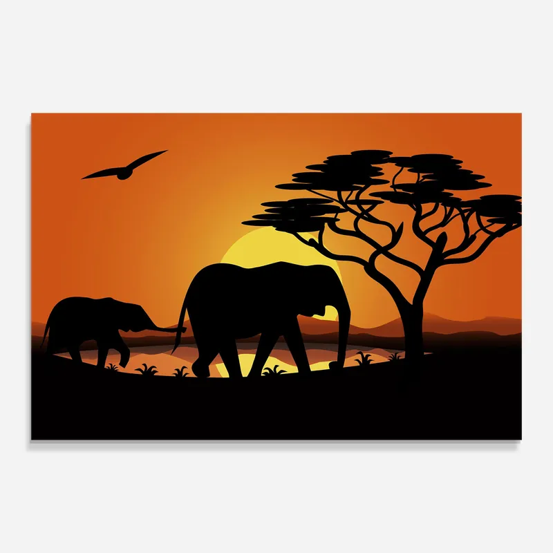 Glasbild Elephant Sunset Versand Am Gleichen Tag