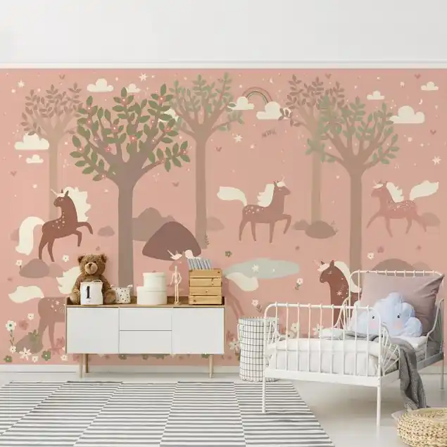 Einhörner im rosa Wald Fototapete • Vliestapete + Kleister • hergestellt in Deutschland Top-Seller