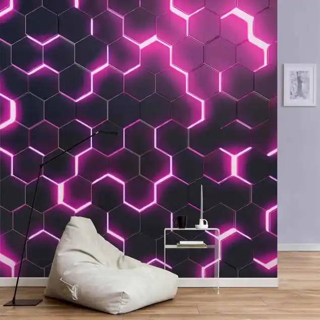 Strukturierte Hexagone mit Neonlicht in Pink Fototapete • Vliestapete + Kleister • hergestellt in Deutschland Versand Am Gleichen Tag