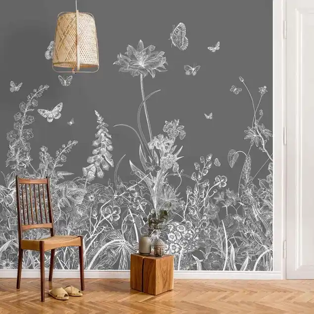 Expressversand Große Blumen mit Schmetterlingen in Grau Fototapete • Vliestapete + Kleister • hergestellt in Deutschland