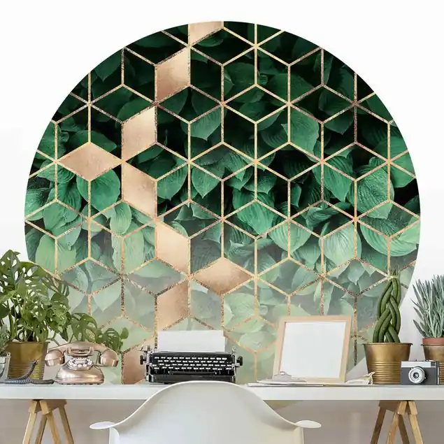 Grüne Blätter goldene Geometrie Runde Mustertapete Preiswert