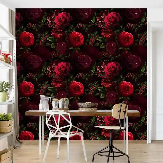 Rote Rosen vor Schwarz Fototapete • Vliestapete + Kleister • hergestellt in Deutschland Angebot