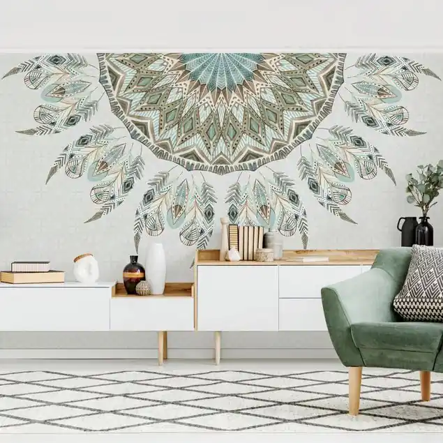 Mandala Aquarell Federn halbkreis blau grün Fototapete • Vliestapete + Kleister • hergestellt in Deutschland Meistverkauft