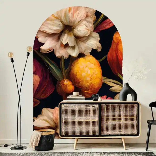 Blumenbild in warmen Farben Rundbogen Tapete Kostenloser Versand