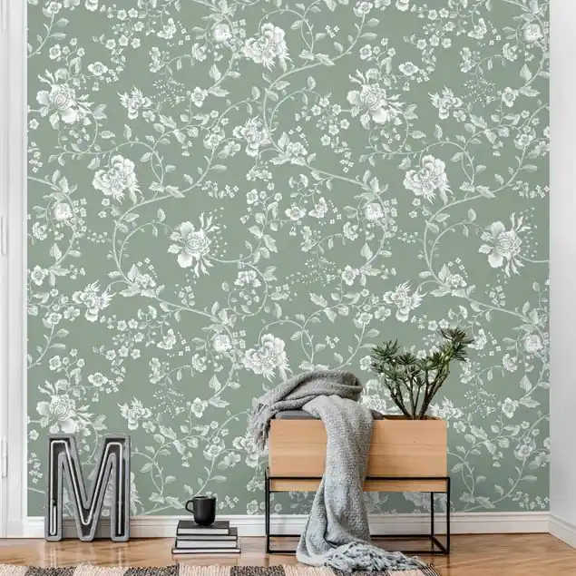 Blumenranken auf Grün Fototapete • Vliestapete + Kleister • hergestellt in Deutschland Markenware