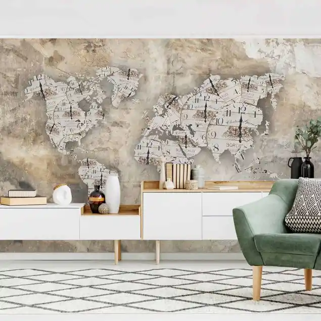 Neu Im Sortiment Shabby Uhren Weltkarte Fototapete • Vliestapete + Kleister • hergestellt in Deutschland