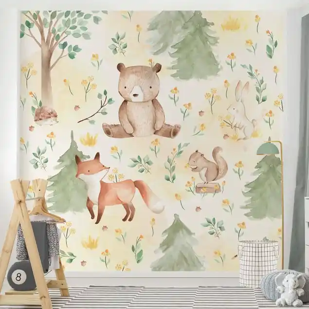 Neuheit Fuchs und Bär mit Blumen und Bäumen Fototapete • Vliestapete + Kleister • hergestellt in Deutschland