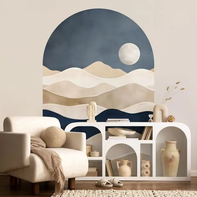 Online Kaufen Minimalistische Boho Landschaft Beige Blau Rundbogen Tapete
