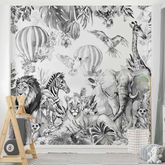 Mega-Angebot Aquarell Savannen Tiere Schwarz Weiß Fototapete • Vliestapete + Kleister • hergestellt in Deutschland