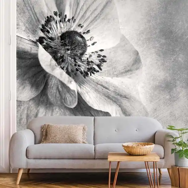 Blüte in Türkis Schwarz-Weiß Fototapete • Vliestapete + Kleister • hergestellt in Deutschland Neue Kollektion