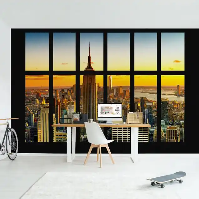 Fensterblick Manhattan Skyline Sonnenuntergang Fototapete • Vliestapete + Kleister • hergestellt in Deutschland Direktkauf