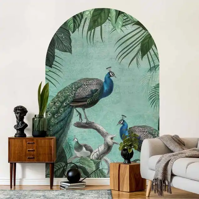 Shabby Chic Collage - Edler Pfau Rundbogen Tapete Schneller Versand