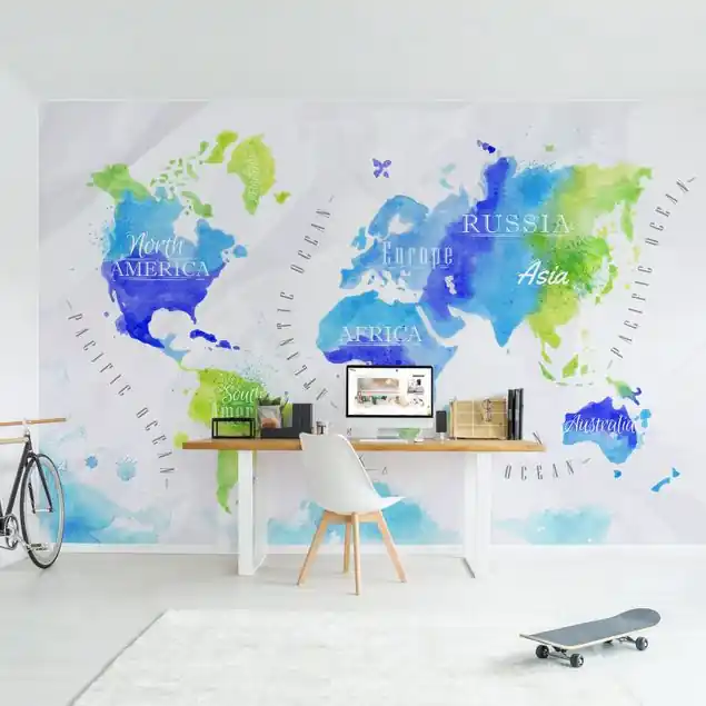 Super-Preis Weltkarte Aquarell blau grün Fototapete • Vliestapete + Kleister • hergestellt in Deutschland