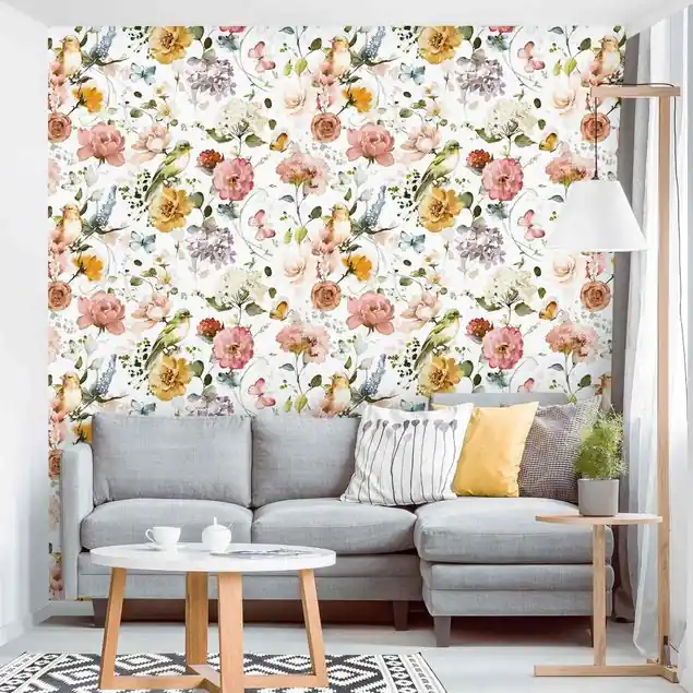 Geprüft Blumen und Vögel Aquarell Muster Fototapete • Vliestapete + Kleister • hergestellt in Deutschland