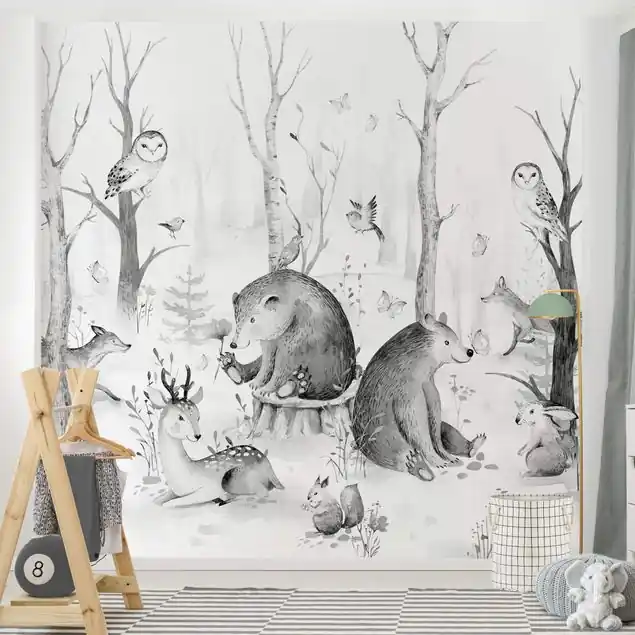 Aquarell Waldtierfreunde Schwarz Weiß Fototapete • Vliestapete + Kleister • hergestellt in Deutschland Nur Heute