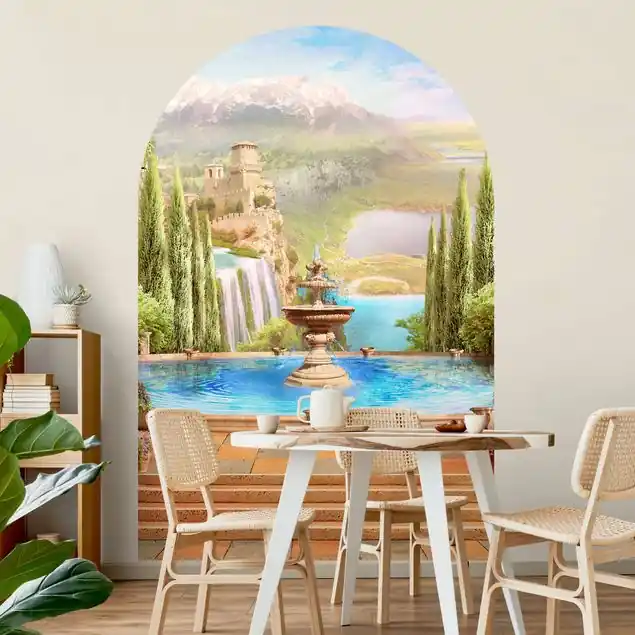 Traumhafter Garten mit Ausblick auf die Berge Rundbogen Tapete Kostenloser Versand