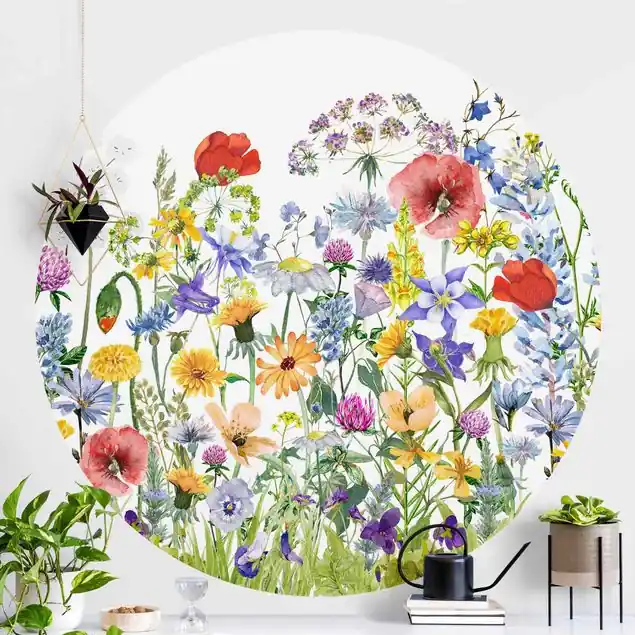 Sofort Bestellen Aquarellierte Blumenwiese Runde Fototapete