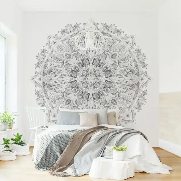 Mandala Aquarell Ornament schwarz weiß Fototapete • Vliestapete + Kleister • hergestellt in Deutschland Echt