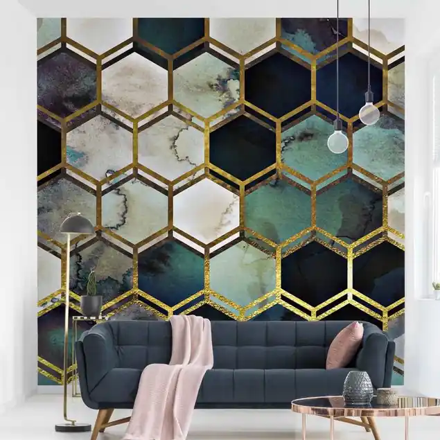 Hexagonträume Aquarell mit Gold Fototapete • Vliestapete + Kleister • hergestellt in Deutschland Heißes Angebot