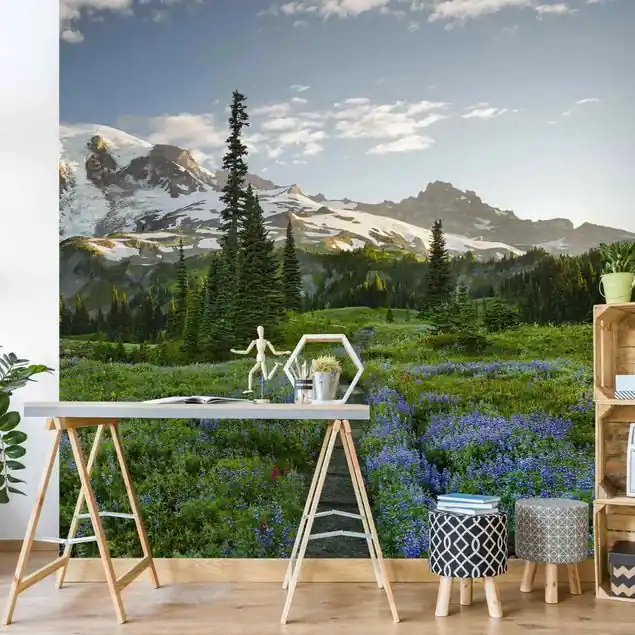 Kostenloser Rückversand Bergblick Wiesenpfad Fototapete • Vliestapete + Kleister • hergestellt in Deutschland