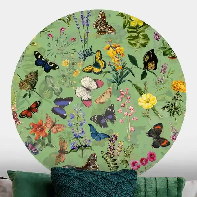Schmetterlinge mit Blumen auf Grün Runde Mustertapete Günstig