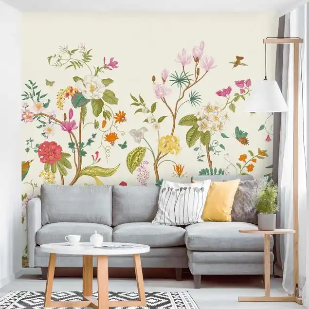 Illustrierte Blumen Chinoiserie auf Gelb Fototapete • Vliestapete + Kleister • hergestellt in Deutschland Must-Have