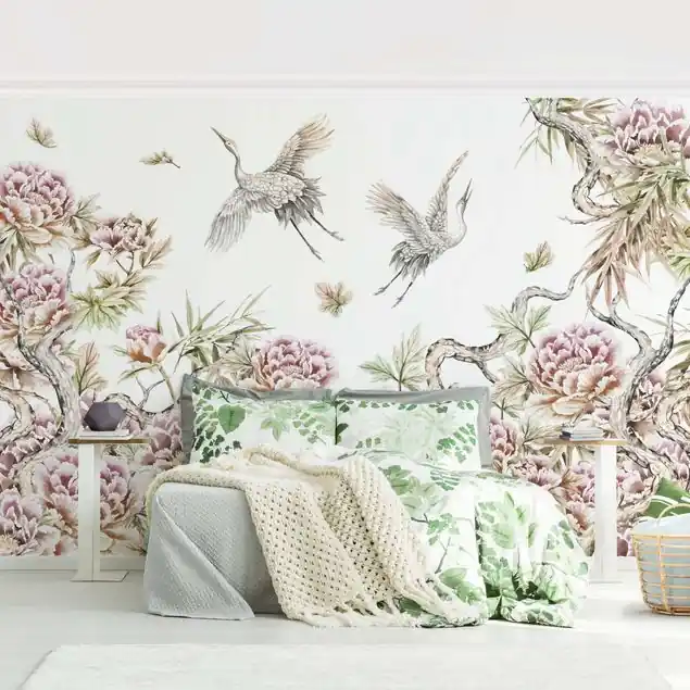 Aquarell Störche im Flug mit Rosen Fototapete • Vliestapete + Kleister • hergestellt in Deutschland Neuheit